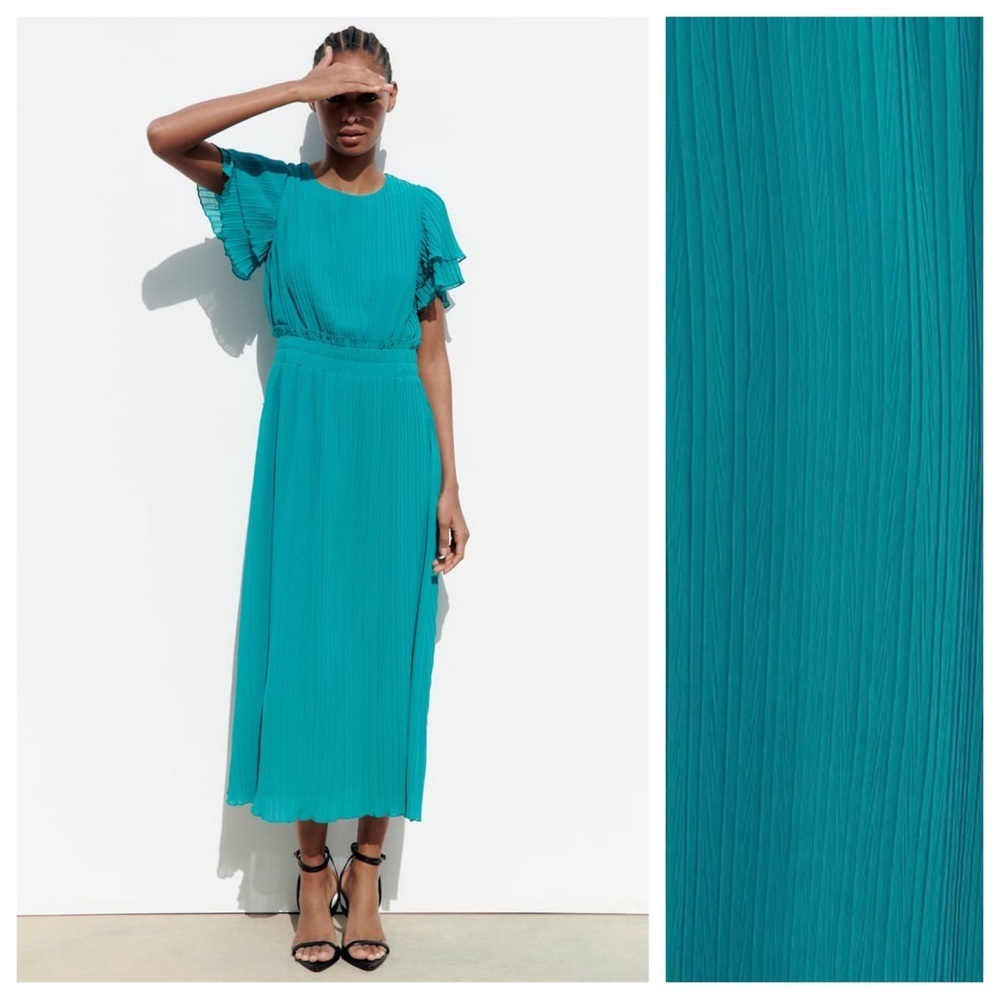 NWT. Zara Teal Blue Pleated Midi Dress. Size M.